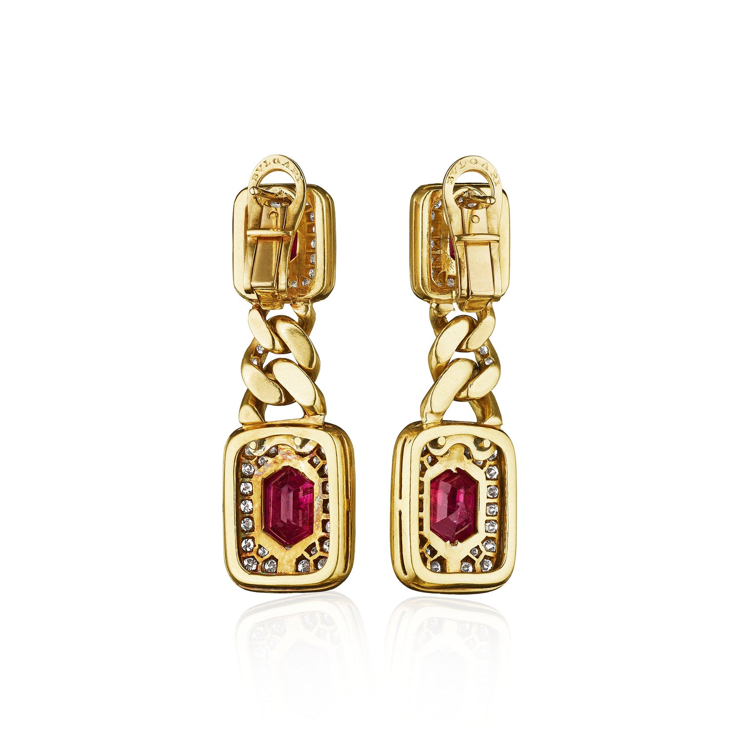 Macklowe Gallery Bulgari Ruby and Diamond Chain Link Pendant Earrings