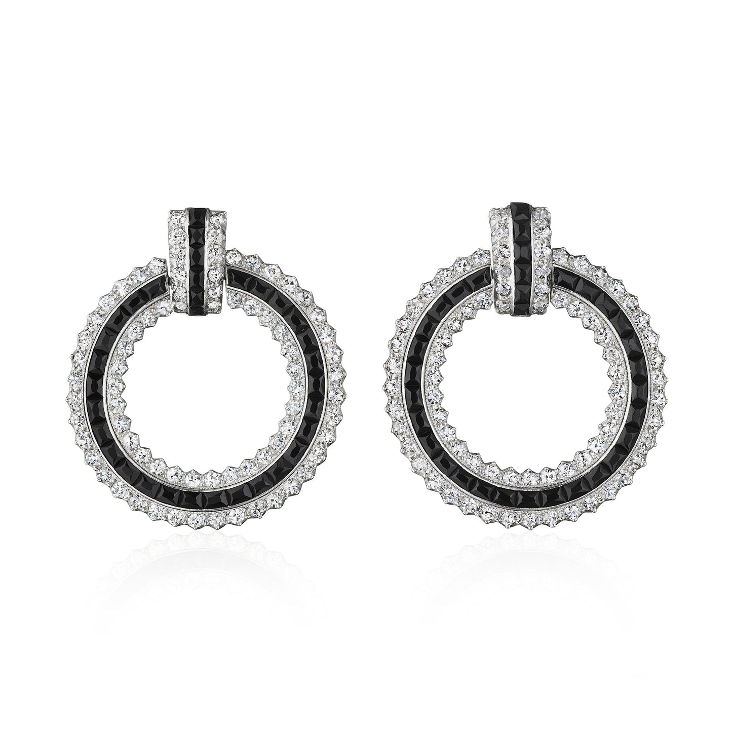 Macklowe Gallery Cartier Attributed Art Deco Onyx and Diamond Hoop Earrings