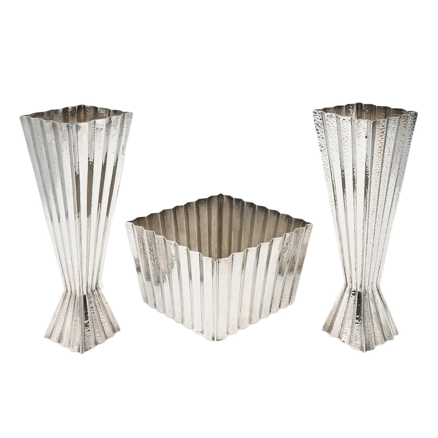 Macklowe Gallery Josef Hoffmann Hammered Silver Centerpiece and Pair of Vases