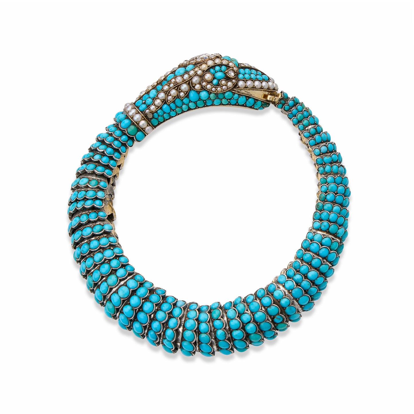 Macklowe Gallery Antique Turquoise, Diamond and Pearl Snake Bracelet