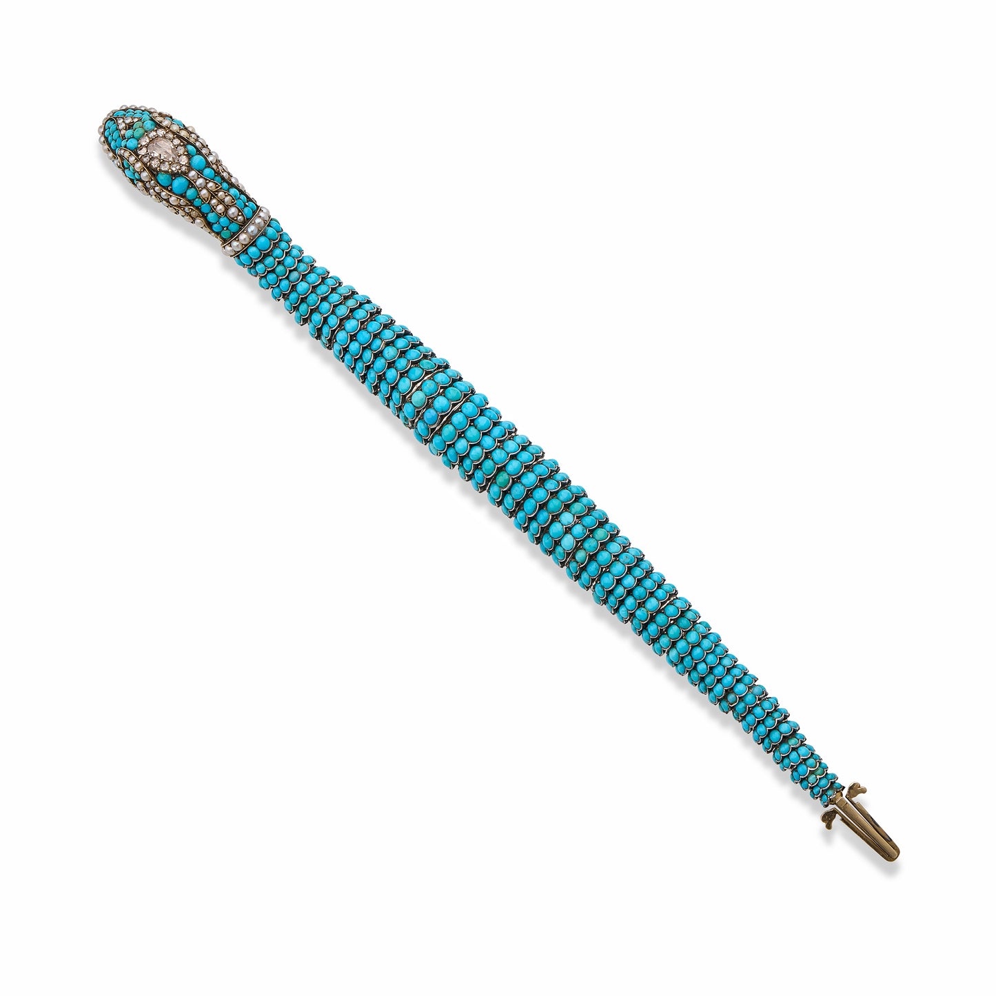 Macklowe Gallery Antique Turquoise, Diamond and Pearl Snake Bracelet