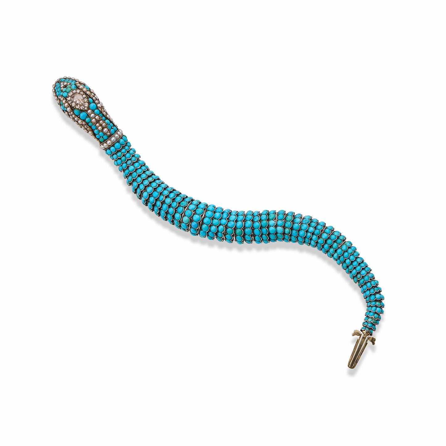 Macklowe Gallery Antique Turquoise, Diamond and Pearl Snake Bracelet