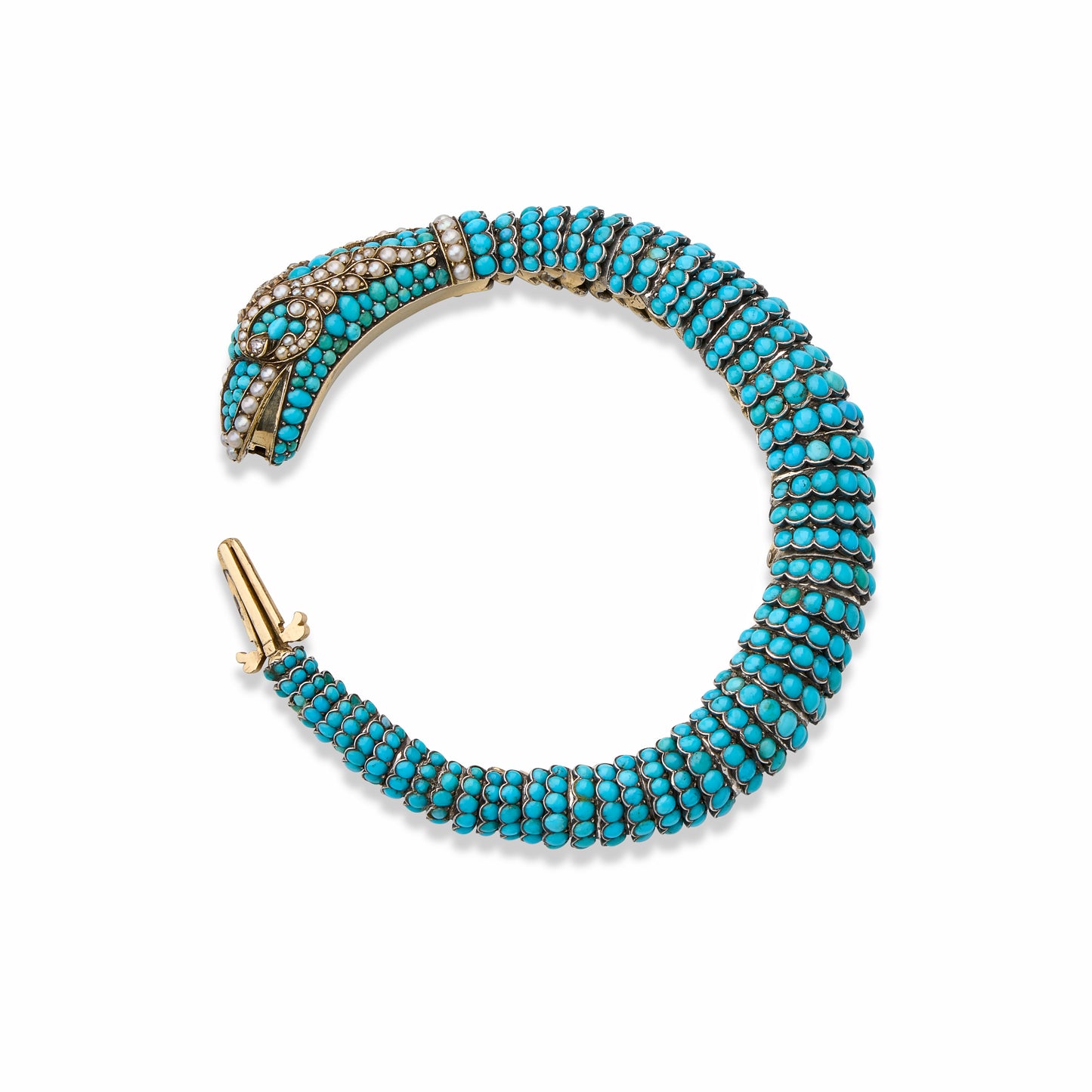 Macklowe Gallery Antique Turquoise, Diamond and Pearl Snake Bracelet