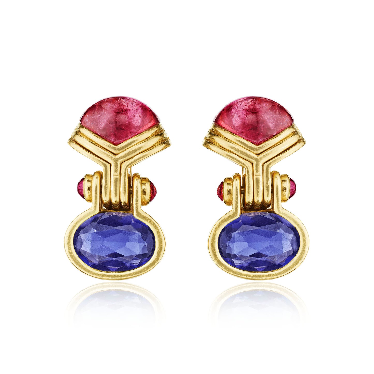 Macklowe Gallery Bulgari Pink Tourmaline, Iolite and Ruby Earrings