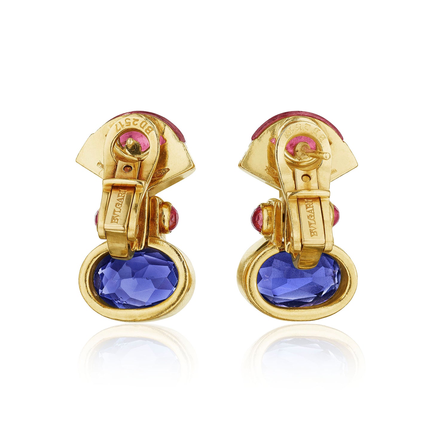 Macklowe Gallery Bulgari Pink Tourmaline, Iolite and Ruby Earrings