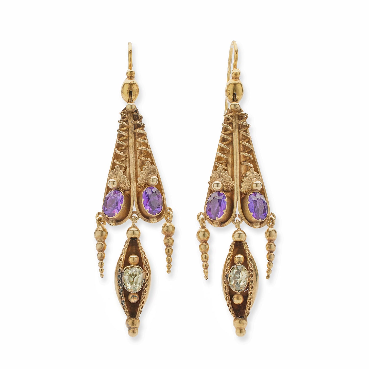 Macklowe Gallery English 15k Gold Amethyst and Green Chrysoberyl Pendant Earrings