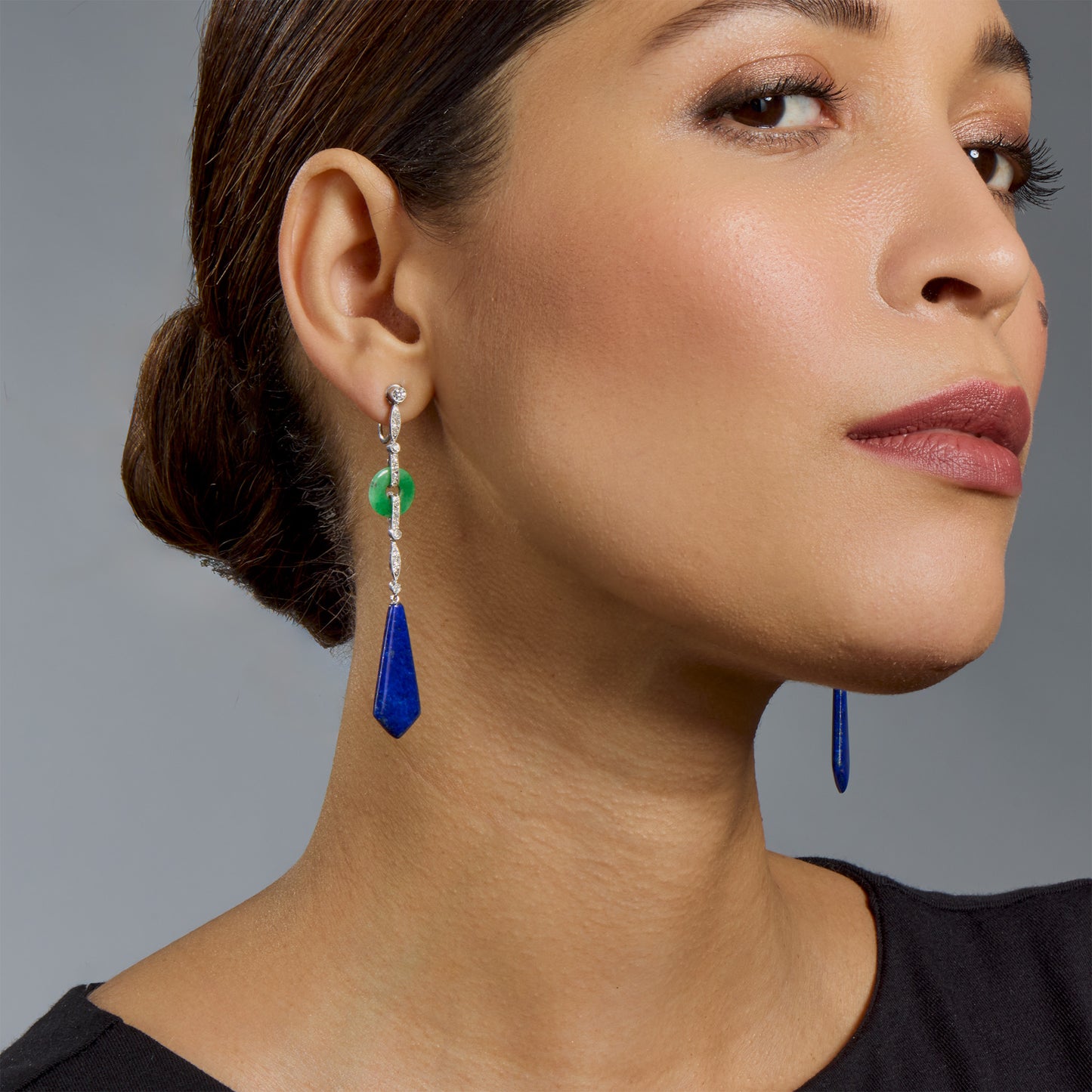 Macklowe Gallery French Art Deco Lapis, Jadeite and Diamond Pendant Earrings