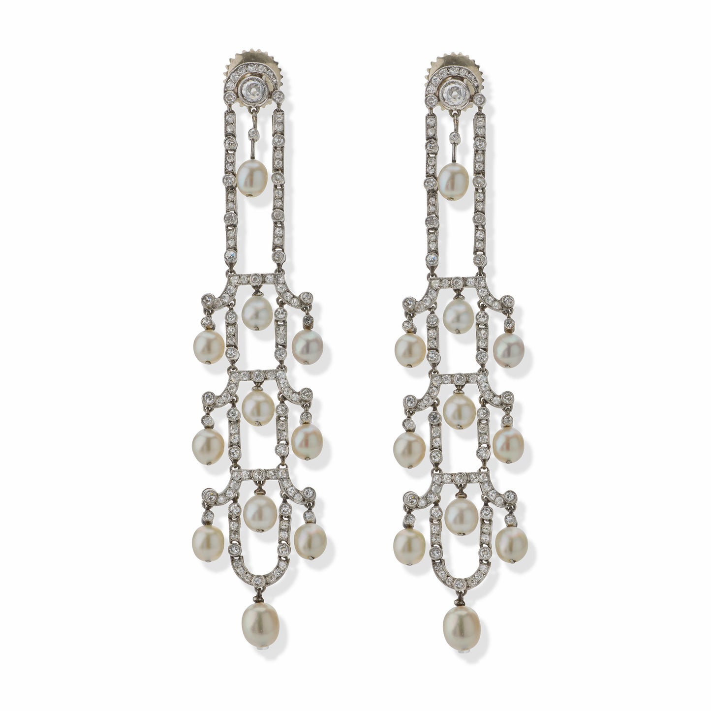 Macklowe Gallery Art Deco Seed Pearl and Diamond Chandelier Earrings