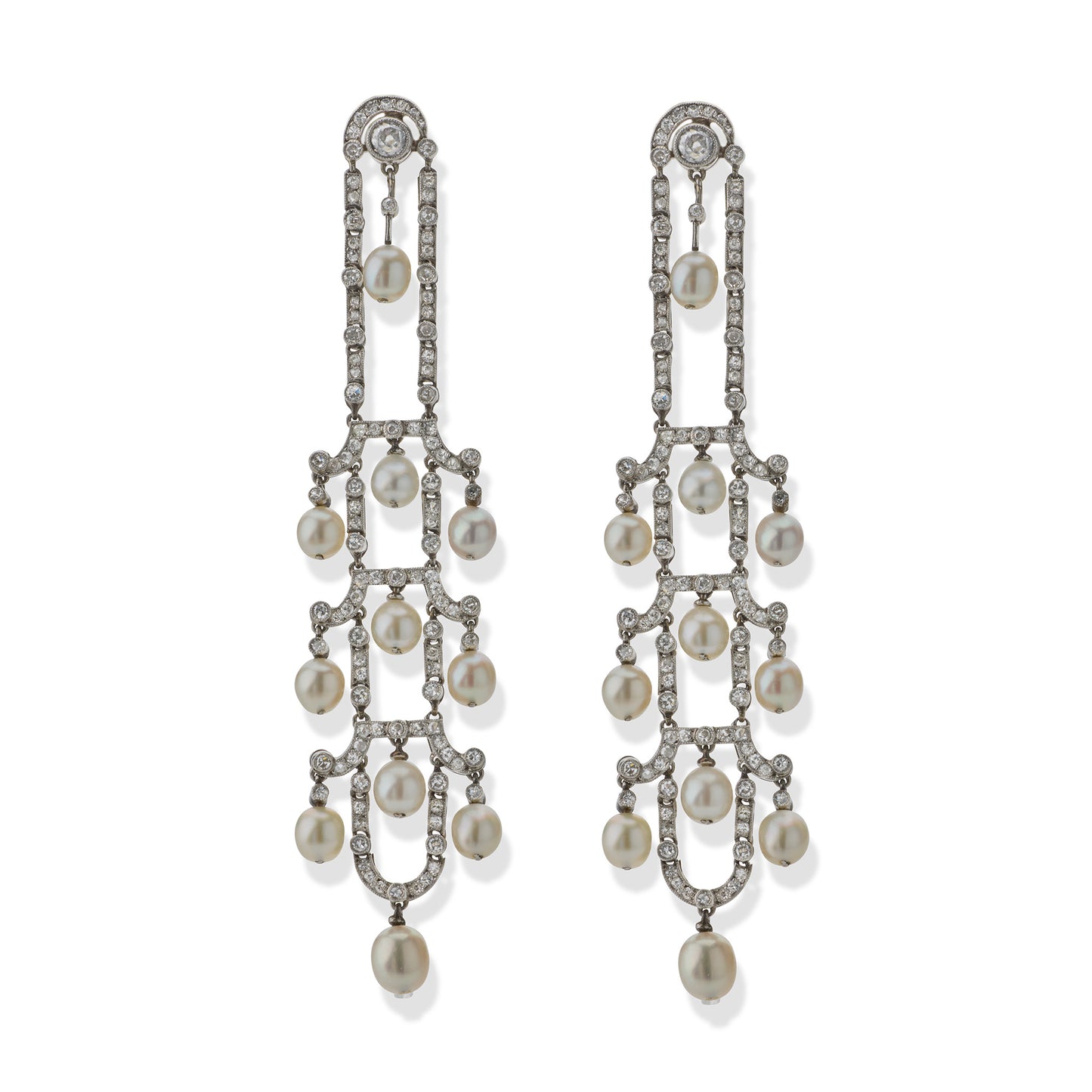 Macklowe Gallery Art Deco Seed Pearl and Diamond Chandelier Earrings