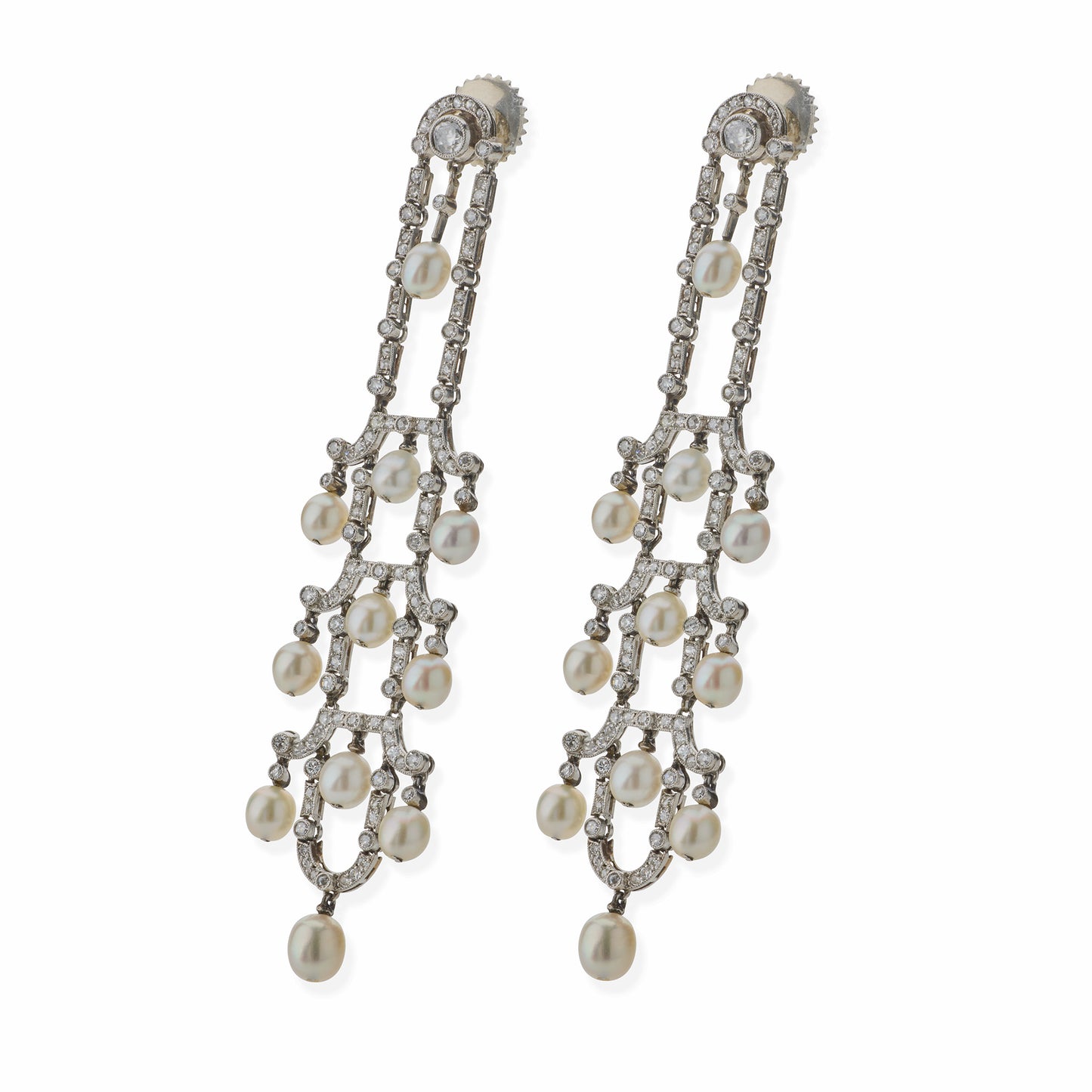 Macklowe Gallery Art Deco Seed Pearl and Diamond Chandelier Earrings
