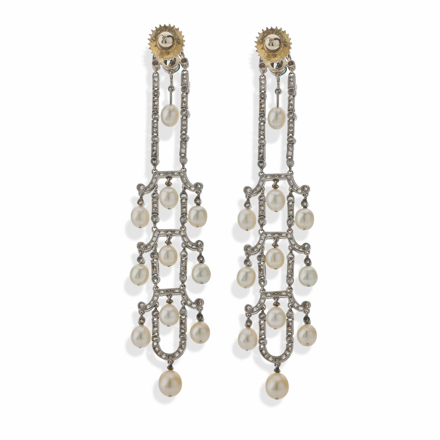 Macklowe Gallery Art Deco Seed Pearl and Diamond Chandelier Earrings