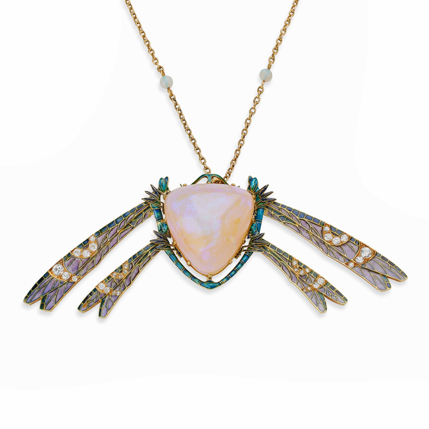 Macklowe Gallery René Lalique Art Nouveau Plique-à-jour Enamel, Fire Opal and Diamond Damselfly "Demoiselles" Pendant