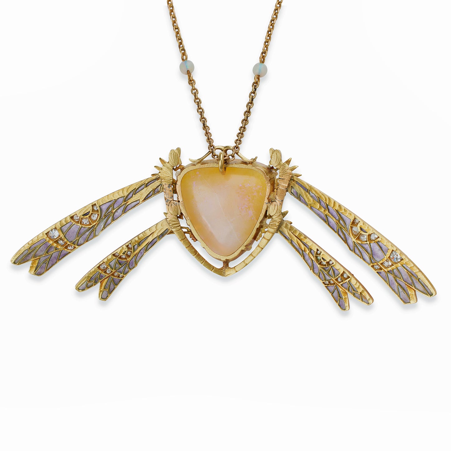Macklowe Gallery René Lalique Art Nouveau Plique-à-jour Enamel, Fire Opal and Diamond Damselfly