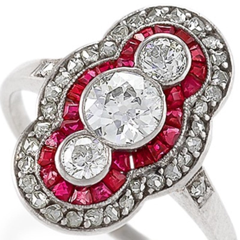 Macklowe Gallery Ruby and Three-Stone Diamond Shield Ring