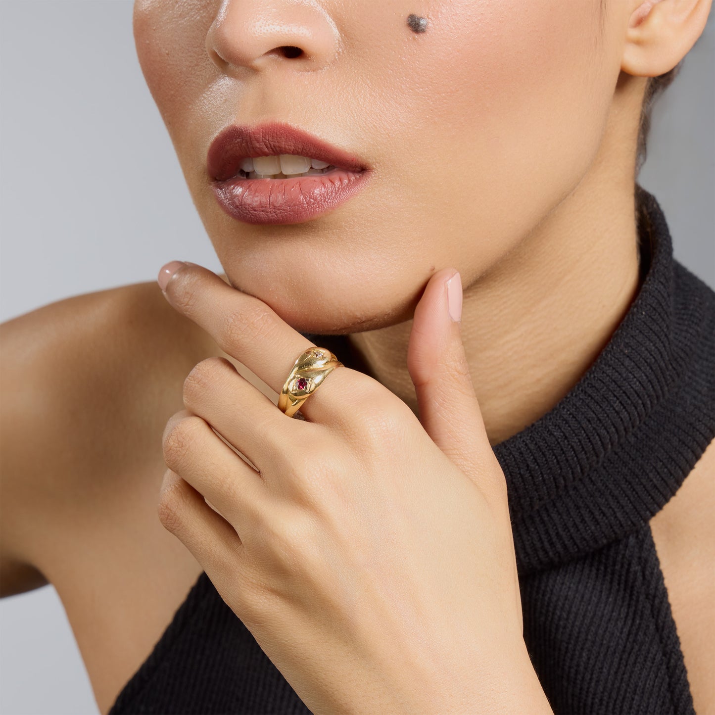 Macklowe Gallery Antique English 18K Gold, Diamond and Ruby Double Snake Ring