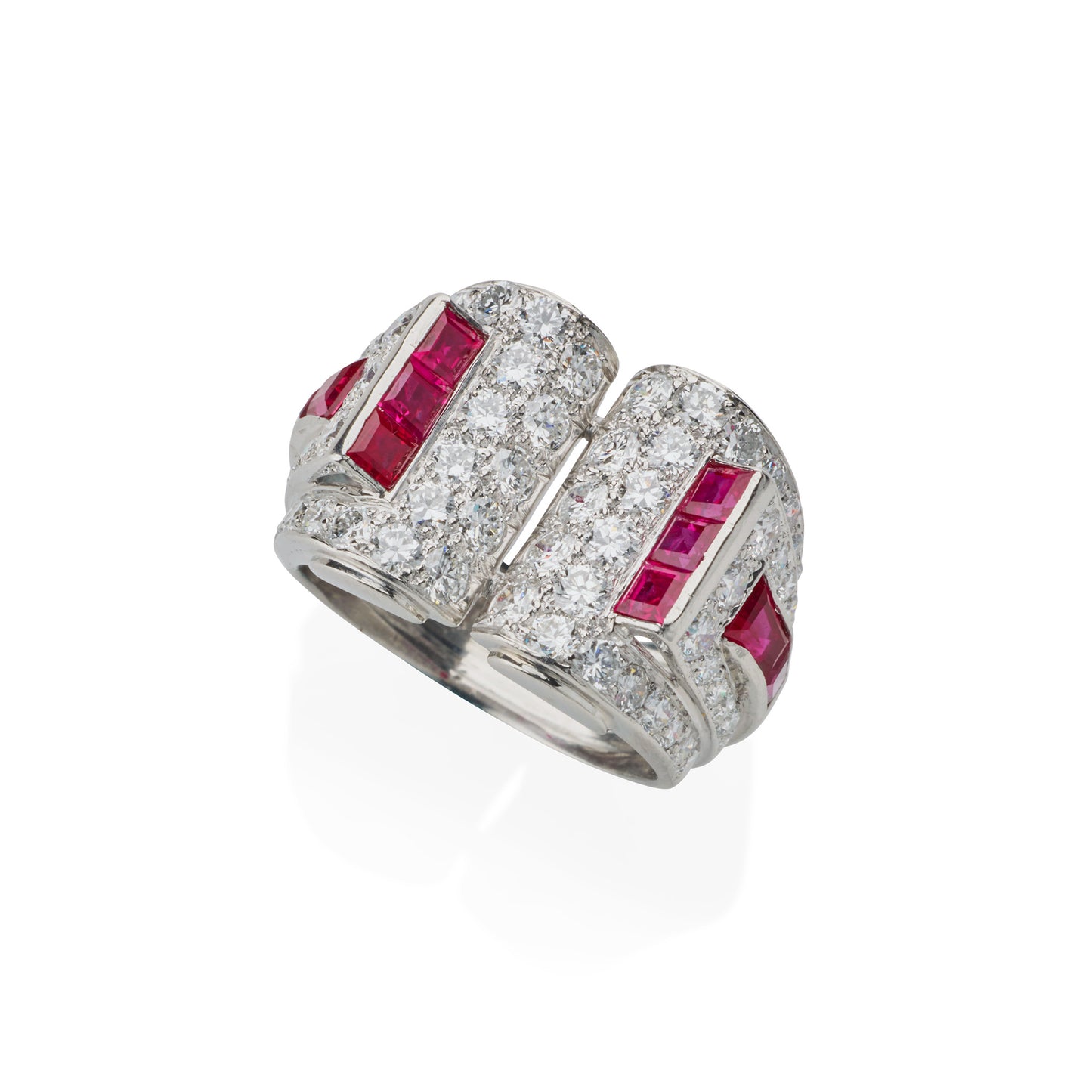 Macklowe Gallery Art Moderne Platinum, Ruby and Diamond Ring