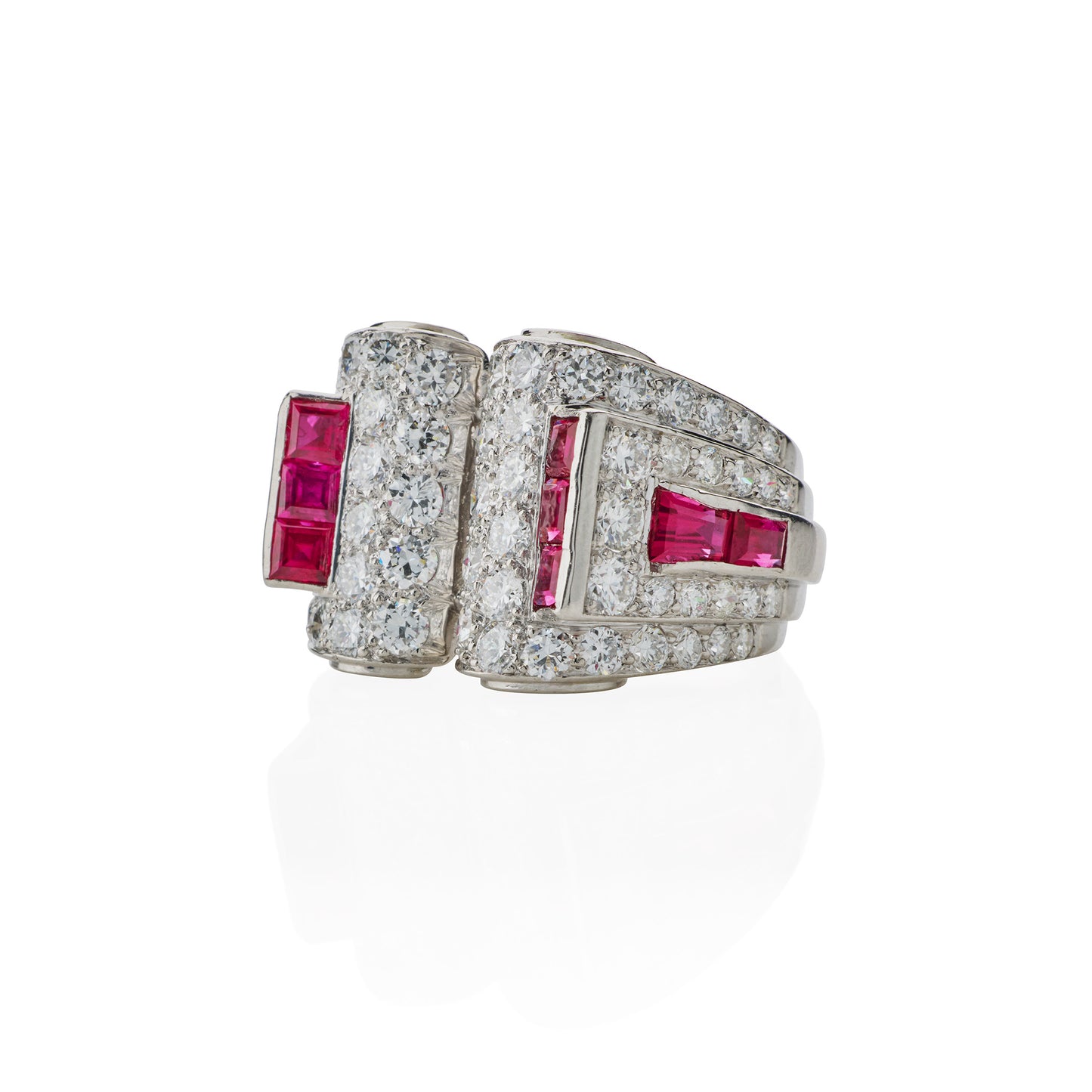 Macklowe Gallery Art Moderne Platinum, Ruby and Diamond Ring