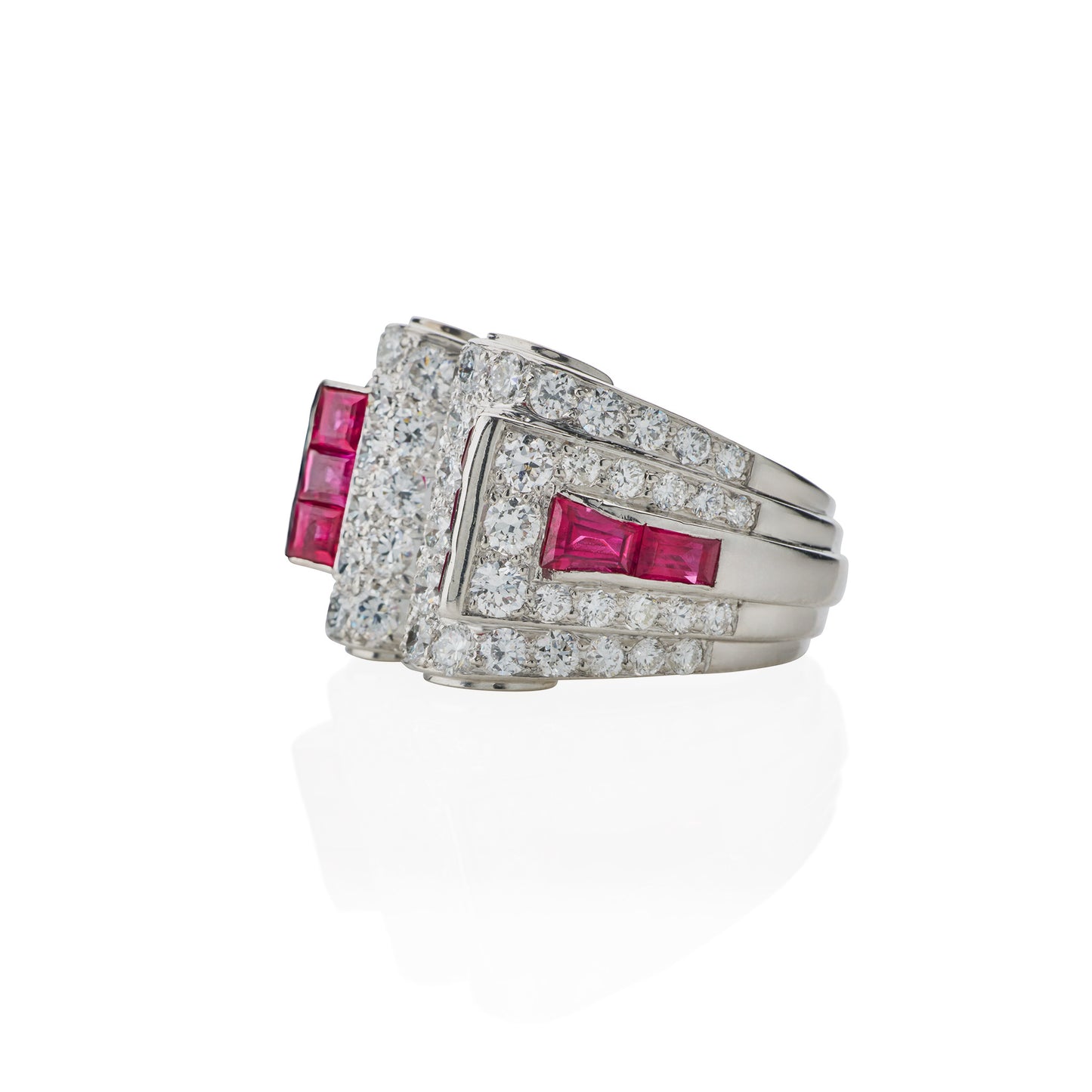 Macklowe Gallery Art Moderne Platinum, Ruby and Diamond Ring