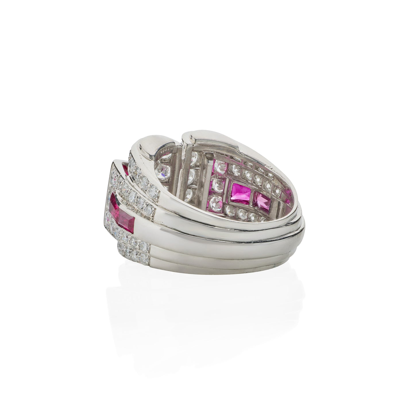 Macklowe Gallery Art Moderne Platinum, Ruby and Diamond Ring