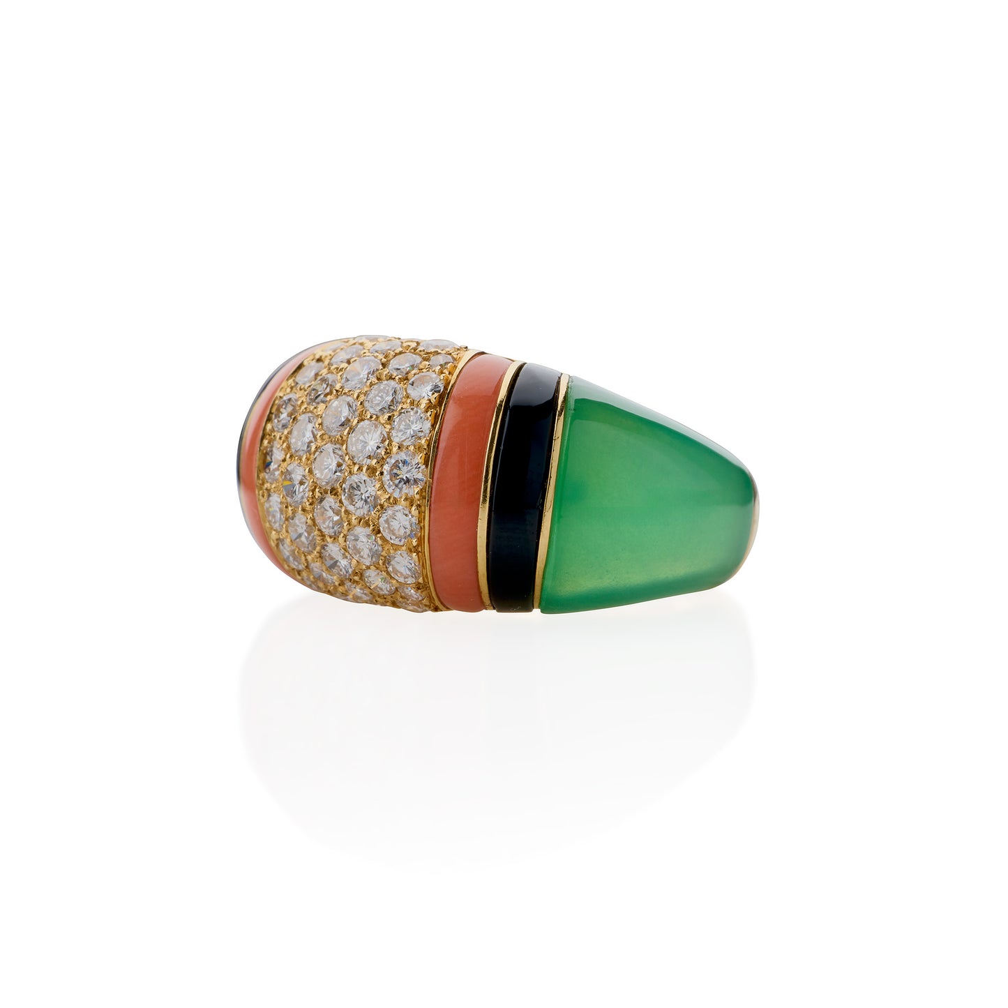 Macklowe Gallery Van Cleef & Arpels Diamond, Chrysoprase and Coral Bombé Ring