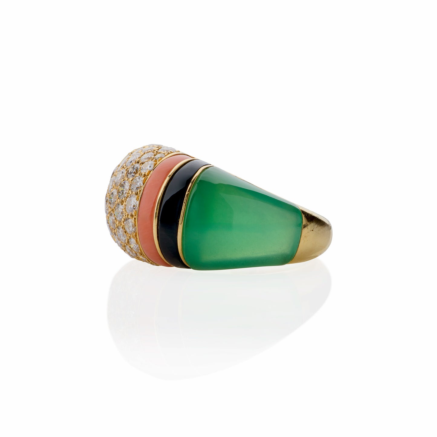 Macklowe Gallery Van Cleef & Arpels Diamond, Chrysoprase and Coral Bombé Ring