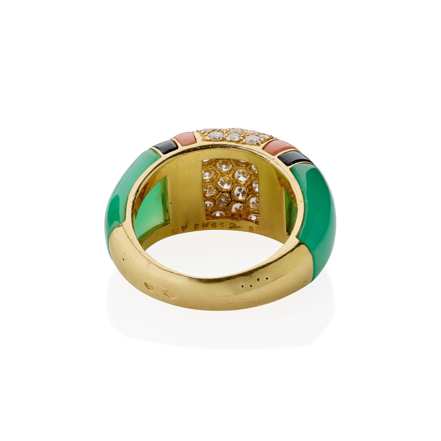 Macklowe Gallery Van Cleef & Arpels Diamond, Chrysoprase and Coral Bombé Ring