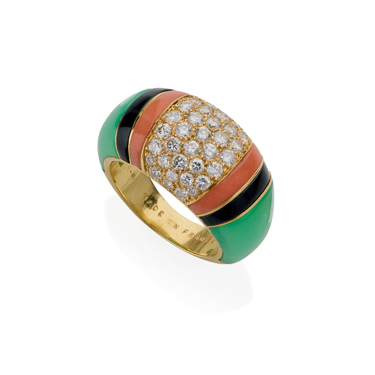 Macklowe Gallery Van Cleef & Arpels Diamond, Chrysoprase and Coral Bombé Ring