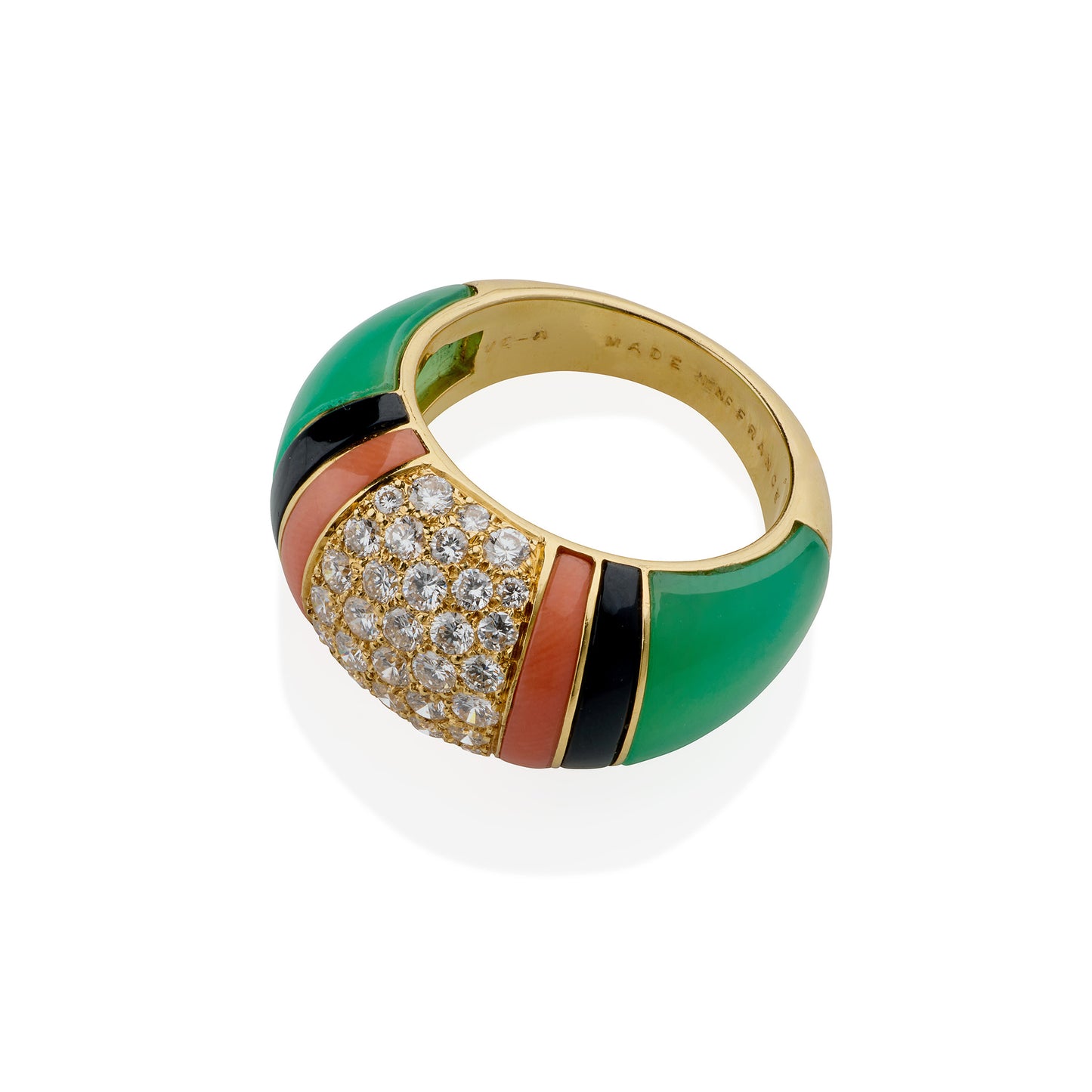 Macklowe Gallery Van Cleef & Arpels Diamond, Chrysoprase and Coral Bombé Ring