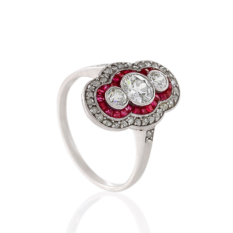 Macklowe Gallery Ruby and Three-Stone Diamond Shield Ring