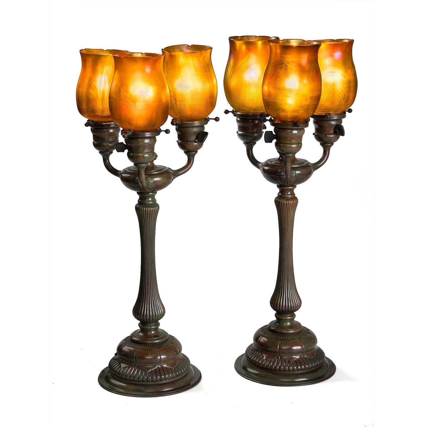 Macklowe Gallery Tiffany Studios New York Pair of Three Light Table lamps