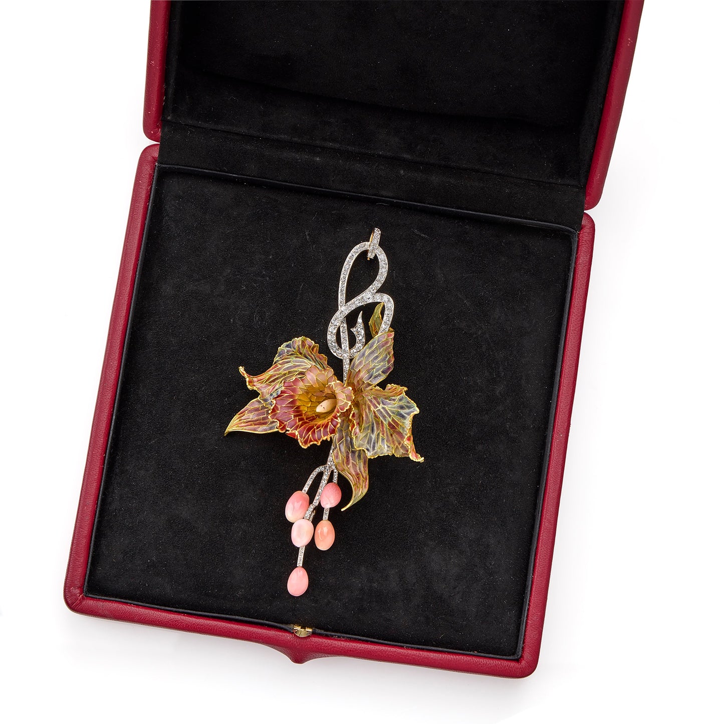 Macklowe Gallery Marcus & Co. Art Nouveau Enamel Orchid Pendant