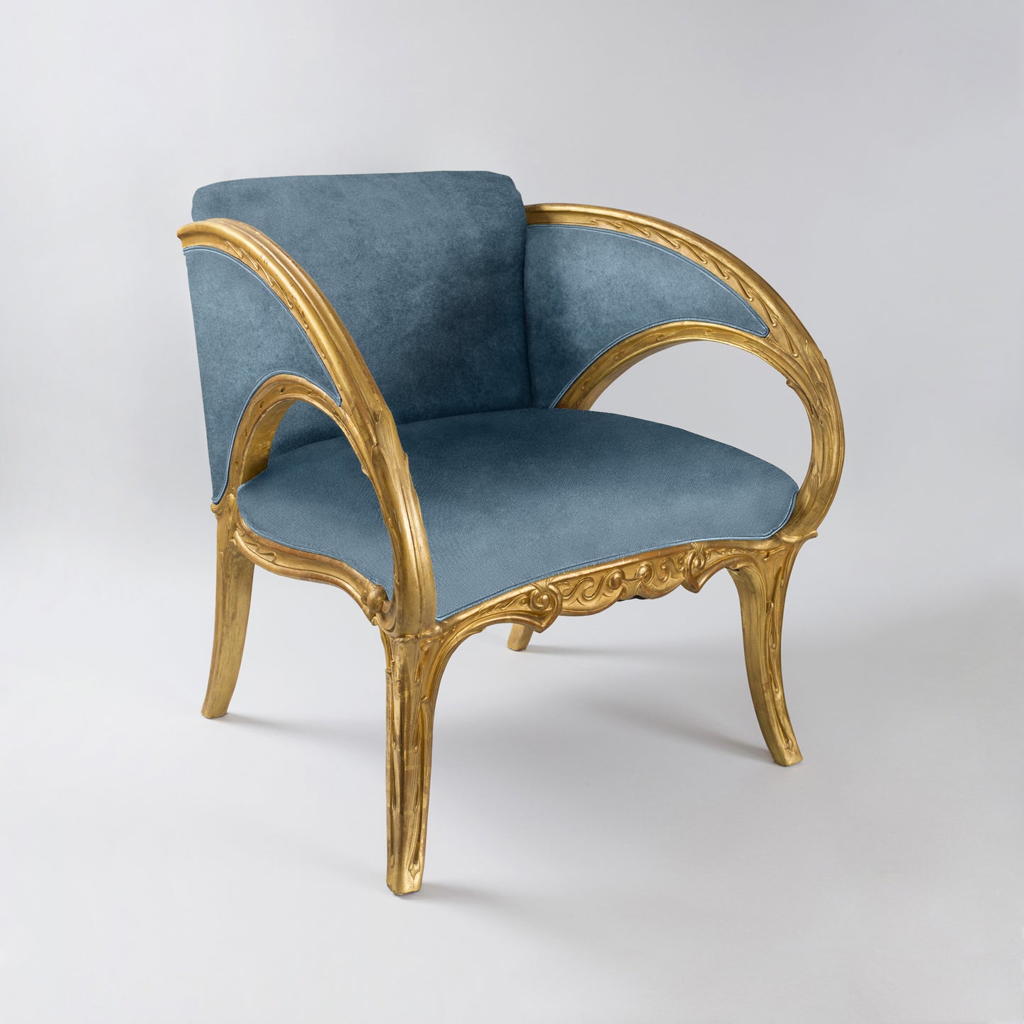Joan Busquets Pair of Blue Floral Giltwood Armchairs