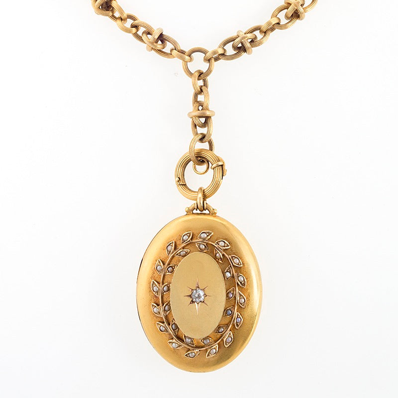 Macklowe Gallery Diamond and Seed Pearl Gold Locket Necklace