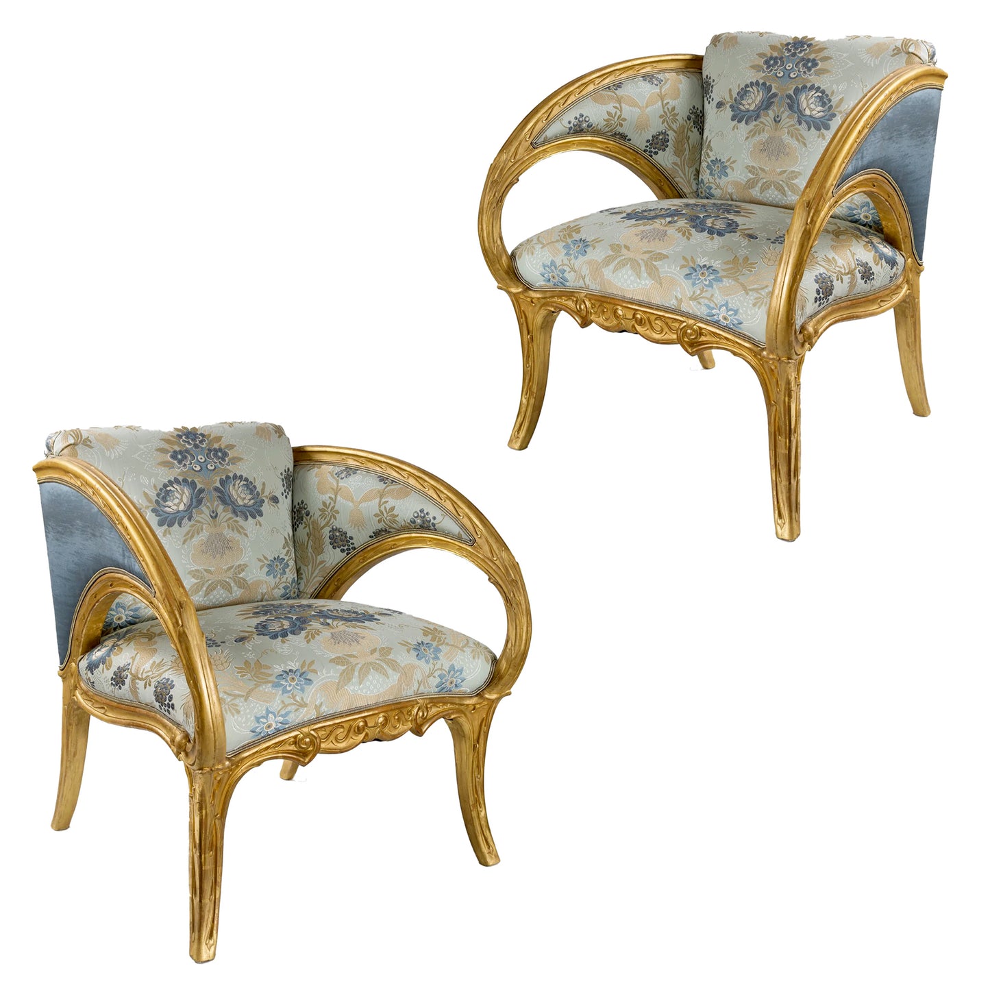 Joan Busquets Pair of Blue Floral Giltwood Armchairs