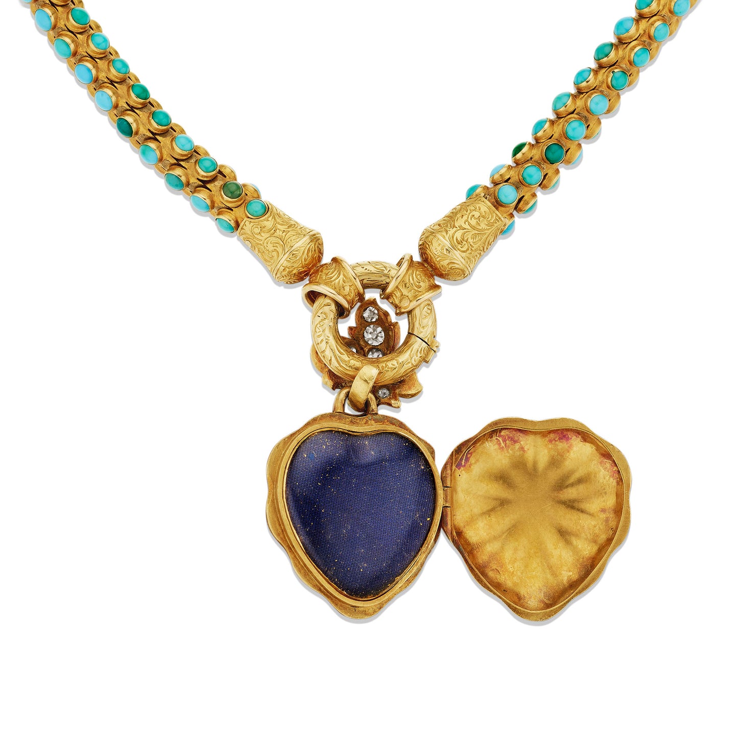 Macklowe Gallery Turquoise, Diamond and Enamel Serpent and Heart Locket Necklace