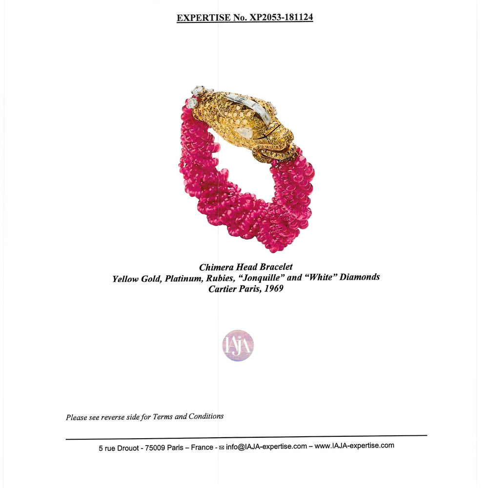 
                      
                        Macklowe Gallery Cartier Paris Diamond and Ruby Chimera Head Bracelet
                      
                    