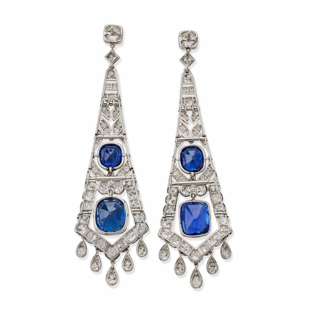 
                      
                        Macklowe Gallery French Art Deco AGL Natural No-Heat Sapphire and Diamond Pendant Earrings
                      
                    