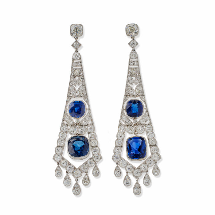 Macklowe Gallery French Art Deco AGL Natural No-Heat Sapphire and Diamond Pendant Earrings