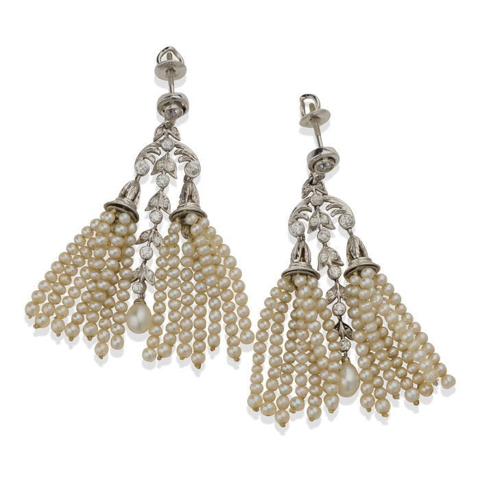 Macklowe Gallery Edwardian Seed Pearl and Diamond Tassel Earrings