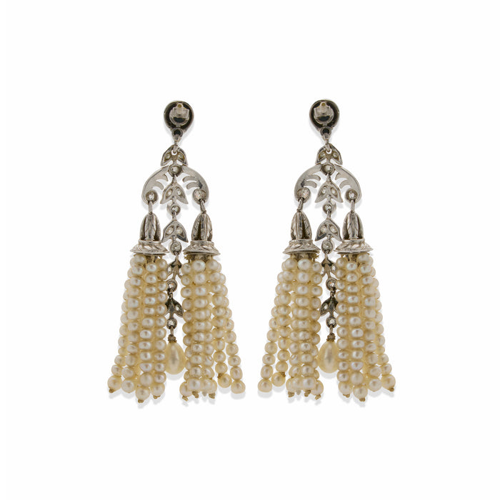 Macklowe Gallery Edwardian Seed Pearl and Diamond Tassel Earrings