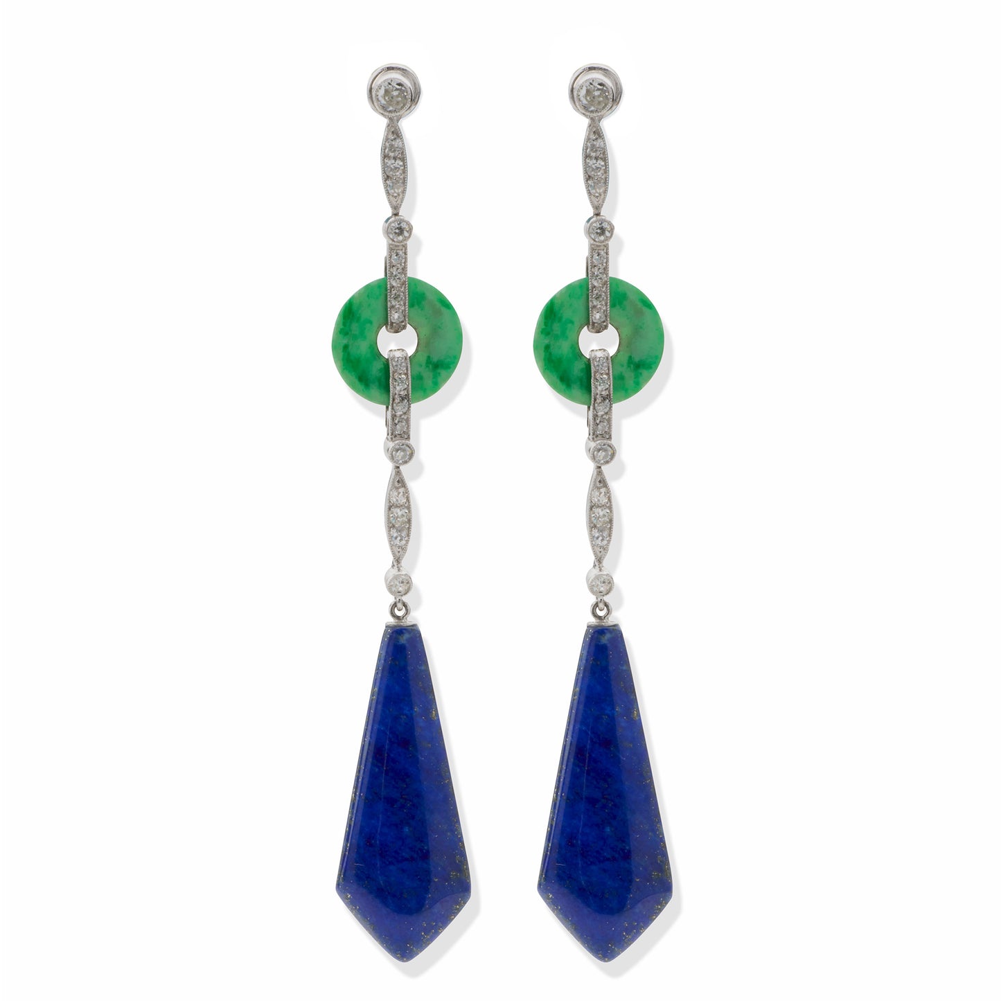 Macklowe Gallery French Art Deco Lapis, Jadeite and Diamond Pendant Earrings