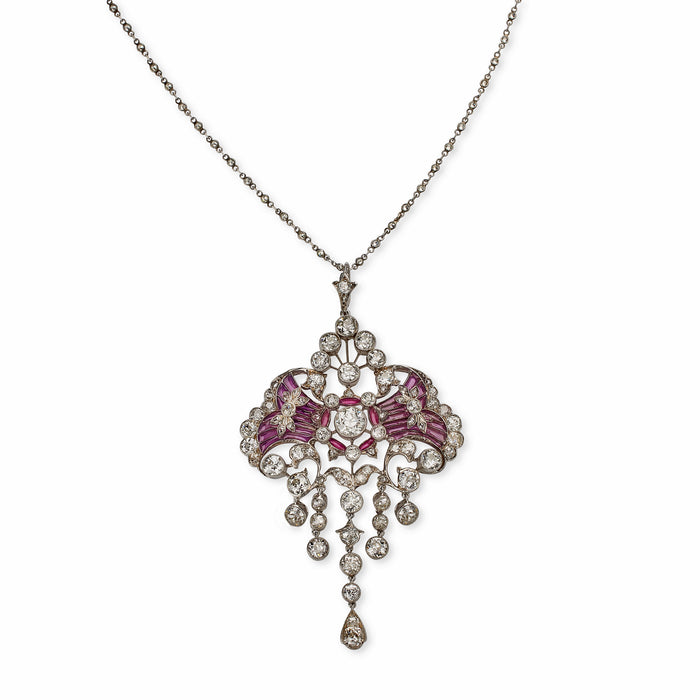 Macklowe Gallery Edwardian Diamond and Plique-à-jour Enamel Pendant Necklace