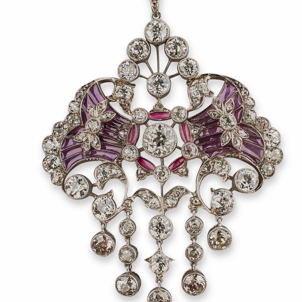 
                      
                        Macklowe Gallery Edwardian Diamond and Plique-à-jour Enamel Pendant Necklace
                      
                    