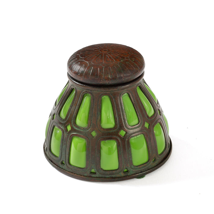 Macklowe Gallery Tiffany Studios New York Bronze and Green Glass Inkwell