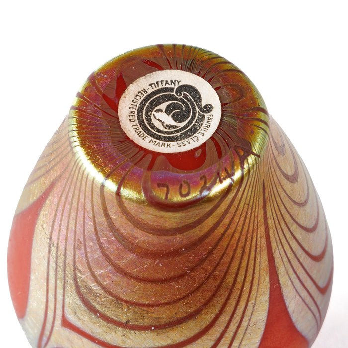 Macklowe Gallery Tiffany Studios New York "Red Hooked Feather" Favrile Glass Vase