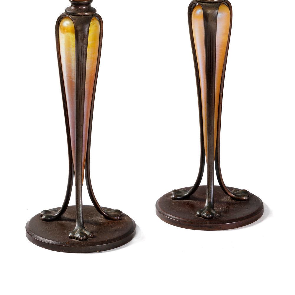 
                      
                        Macklowe Gallery Tiffany Studios New York Pair of "Catspaw" Candlesticks with Favrile Shades
                      
                    