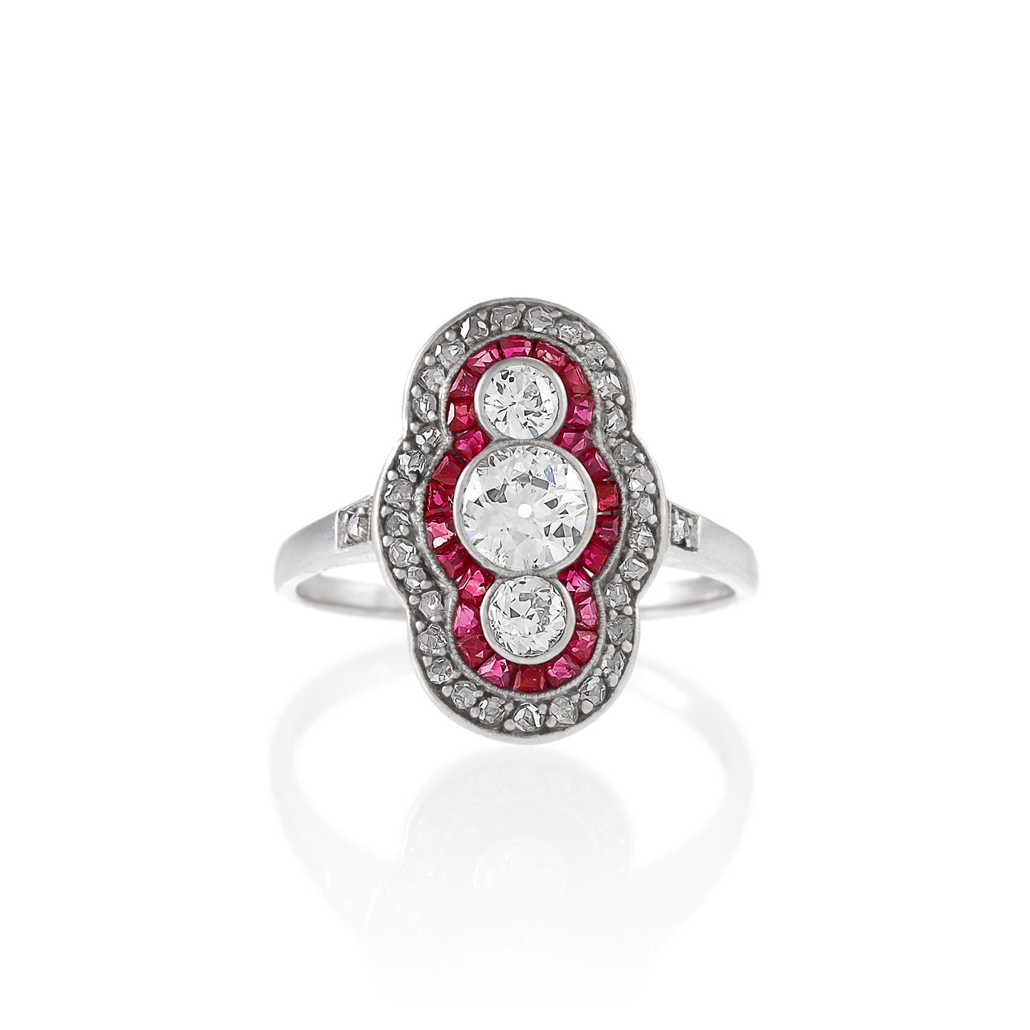 Macklowe Gallery Ruby and Three-Stone Diamond Shield Ring