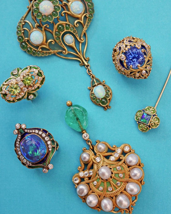 Marcus & Co. Opal, Chrysoprase, and Plique-à-Jour Enamel Brooch