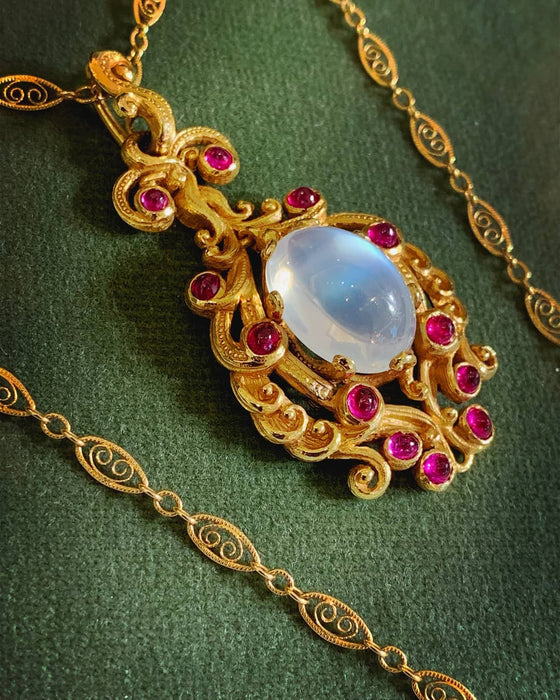 Macklowe Gallery Moonstone and Ruby Gold Pendant Necklace