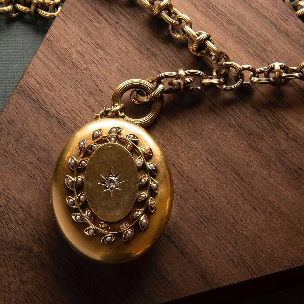
                      
                        Macklowe Gallery Diamond and Seed Pearl Gold Locket Necklace
                      
                    